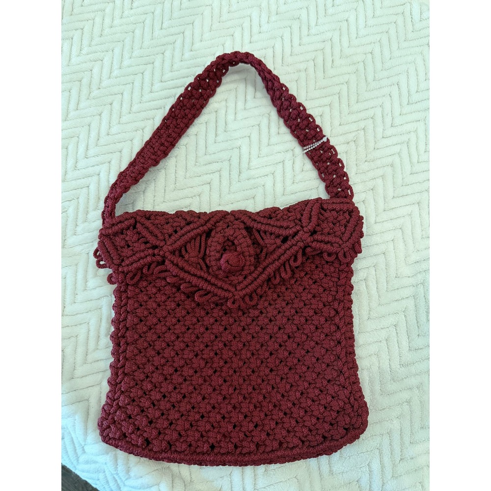 Handmade Macrame Shoulder Bag Burgundy Wine Boho Knotted Lined Purse